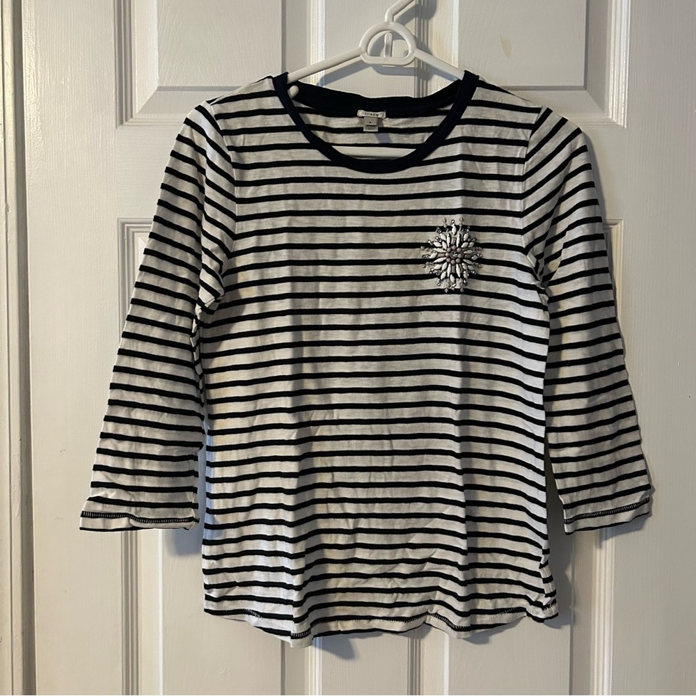 J. Crew Navy and White Striped Shirt with Flower Bead Embellishment size S